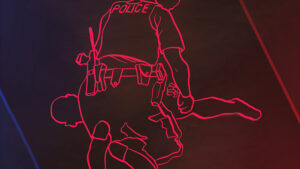 Outline of a police officer detaining someone on the ground