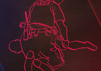 Outline of a police officer detaining someone on the ground