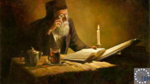 Painting of Elderly man reading by candlelight