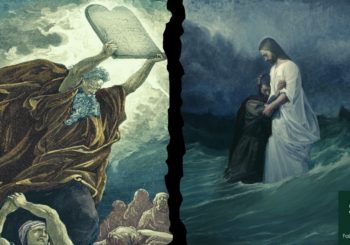 Image of Moses with the stone tablets and of Jesus and Peter walking on water