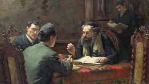 Jewish men discussing texts around a table