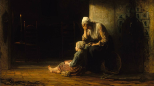 A woman cries with her daughter sitting at her feet